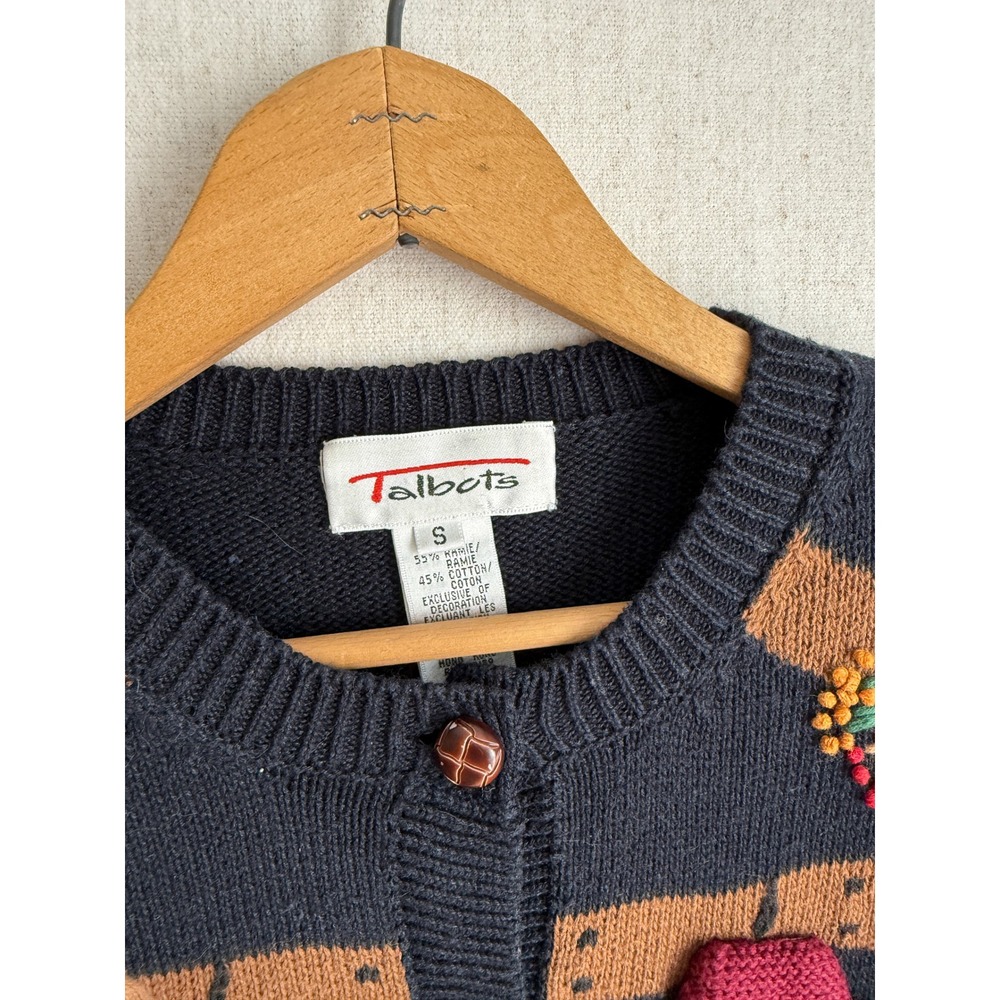 Talbots Vintage Fall Harvest‎ Cardigan Sweater Navy Blue Applique Embroidery S - Picture 2 of 4